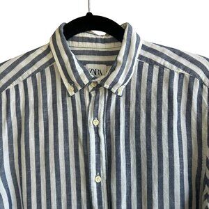 Zara Men's Blue Striped 100% Linen Button Front Shirt Size Small